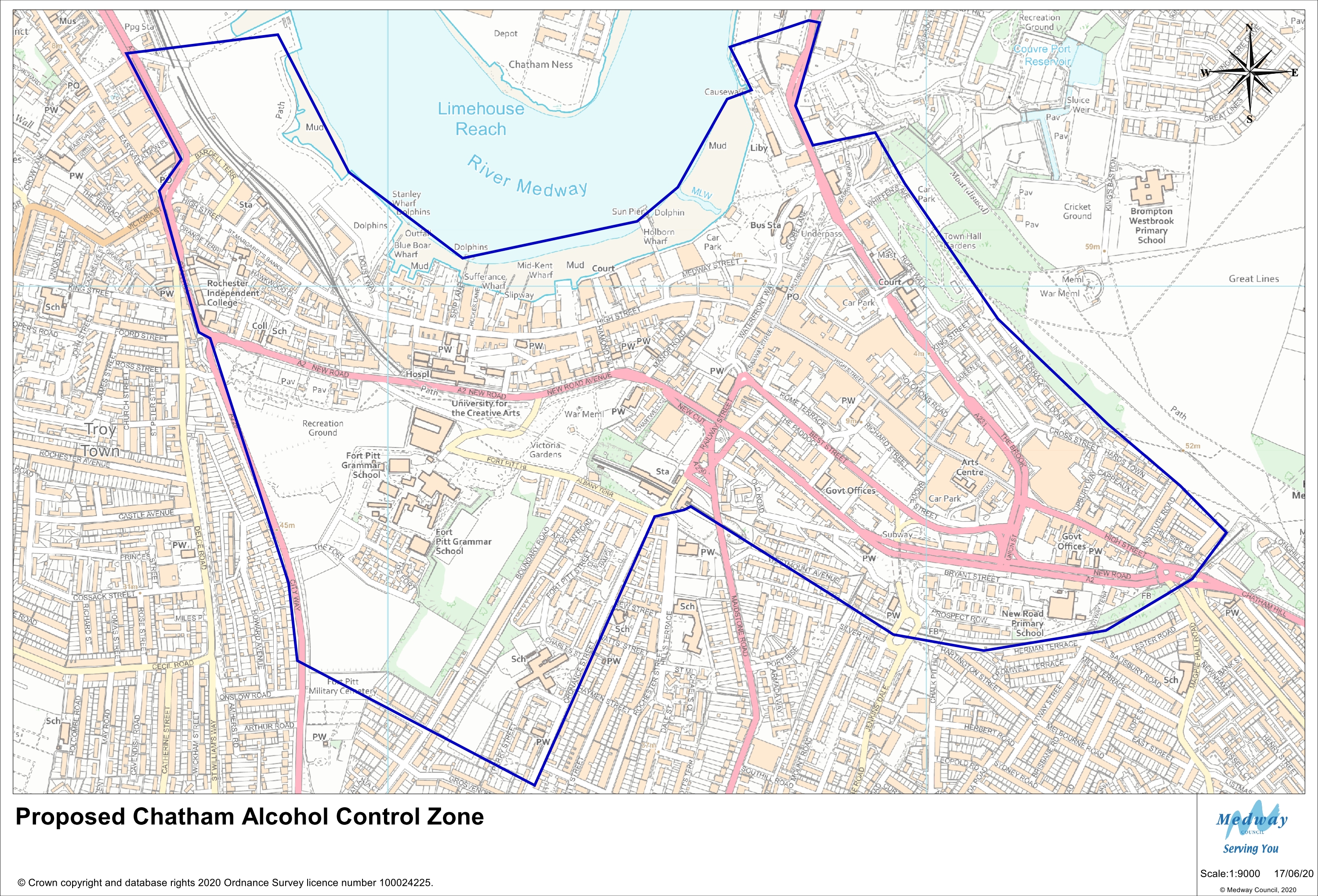 The proposed Chatham Alcohol Control Zone covers Chatham Town Centre. Starting in the North of the zone it extends from Dock Road by St Mary's Church, extending south along Dock Road. The zone then follows the Barrier Ditch and takes in Whiffens Avenue, Town Hall Gardens, Lines Terrace, Eldon Street, Hards Town, Institute Road and Chelmar road at the boundary of the area. It then proceeds west following the line of the railway line all the way to Chatham Station. It follows along Ordnance Street before crossing to City Way. From here it heads towards Rochester down Star Hill and along Corporation Street to Blue Boar Lane. The zone then proceeds east along Blue Boar Lane towards the River Medway. The zone follows the river back towards Dock Road, taking in the High Street and Chatham Riverside.